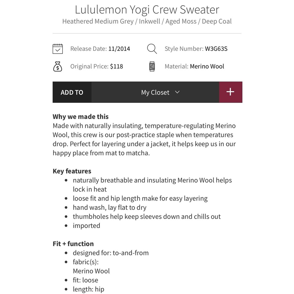 Lululemon Yogi Crew‎ Sweater Heather Speckled Grey Merino Wool Medium - Picture 10 of 10